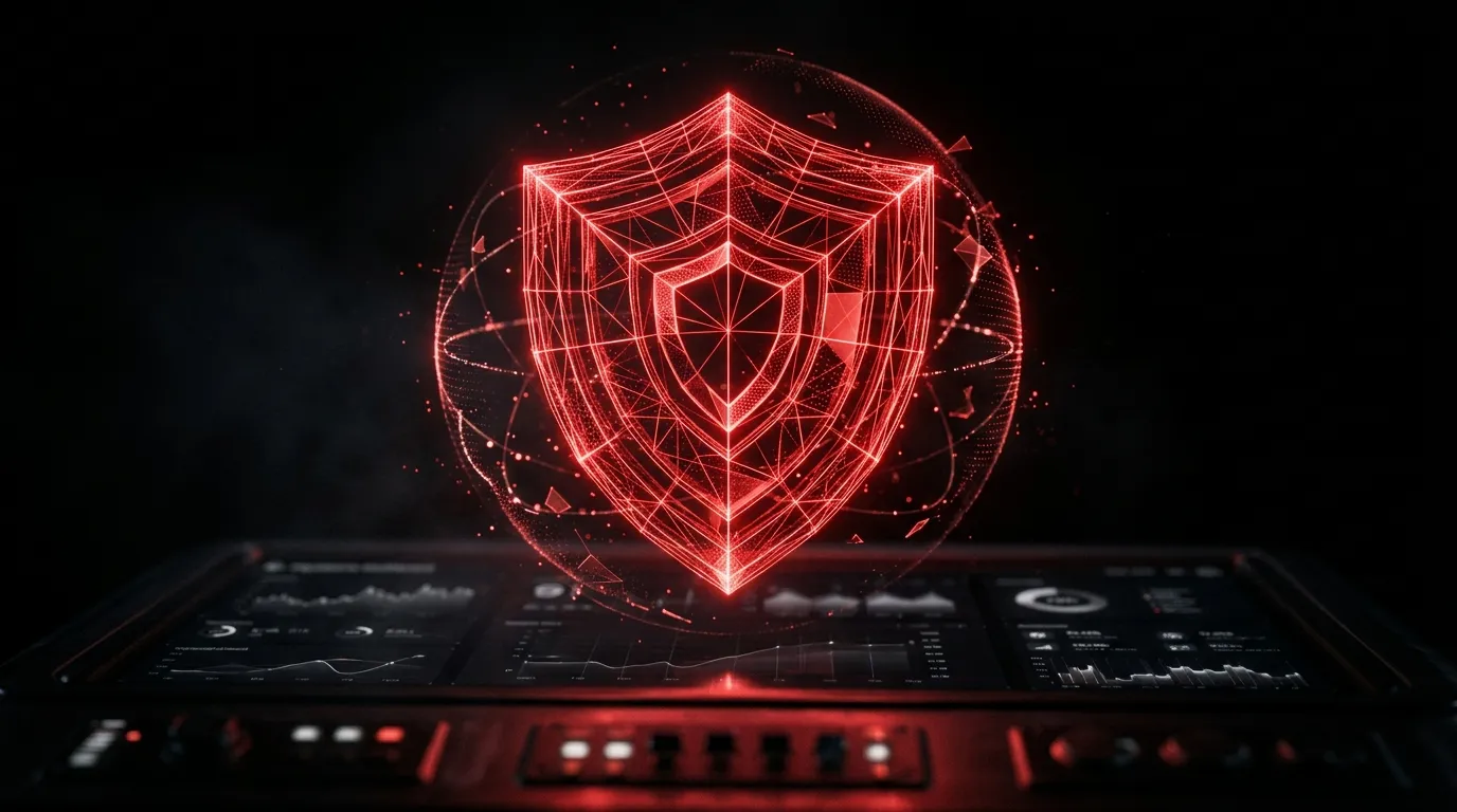 A shield rendered in glowing red wireframe over a dark payments dashboard
