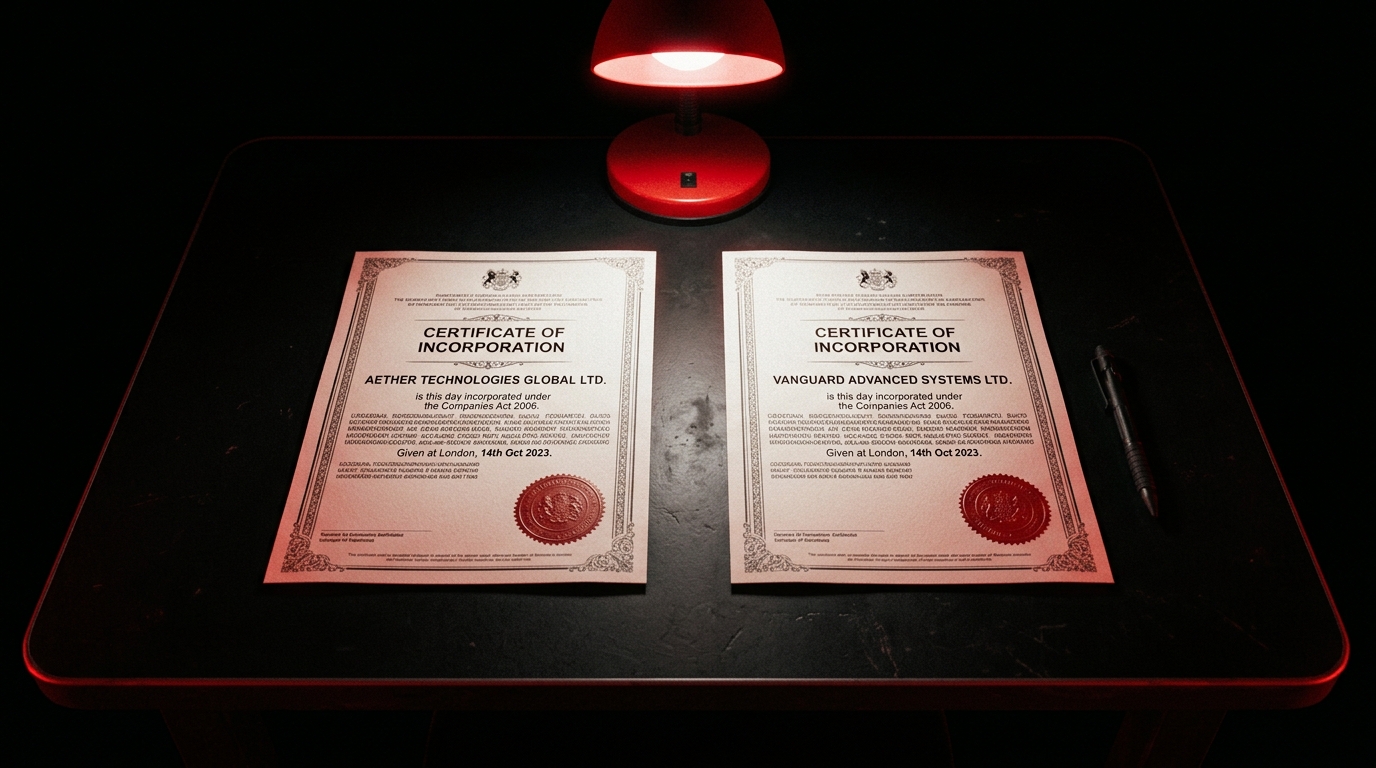 Two company registration documents side by side on a black desk under a harsh red lamp