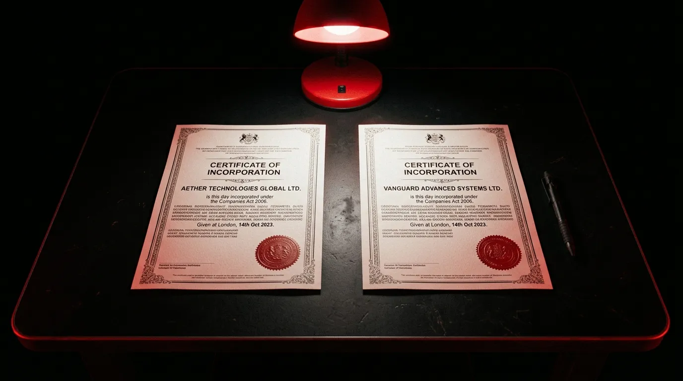 Two company registration documents side by side on a black desk under a harsh red lamp
