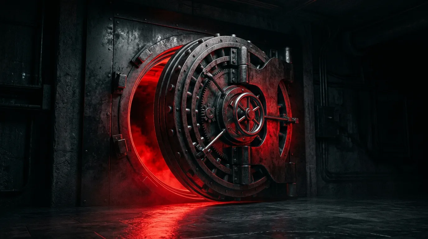 A bank vault door slightly open with red light spilling out onto a dark floor