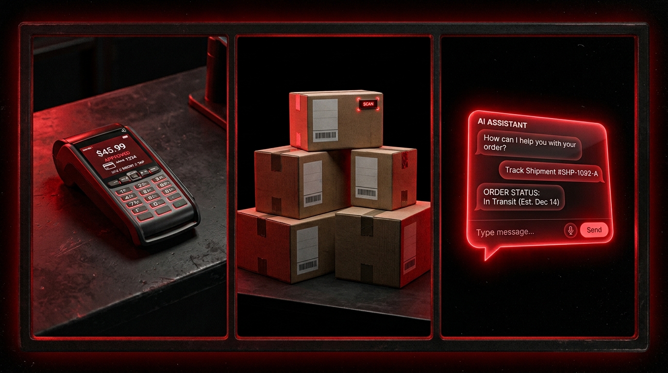 Editorial collage of a card payment terminal, a stack of shipping boxes and a glowing chat window, red on black