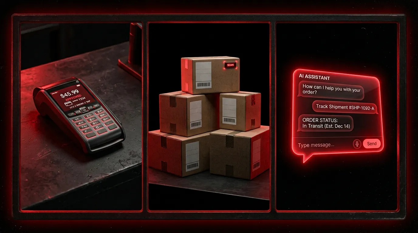 Editorial collage of a card payment terminal, a stack of shipping boxes and a glowing chat window, red on black