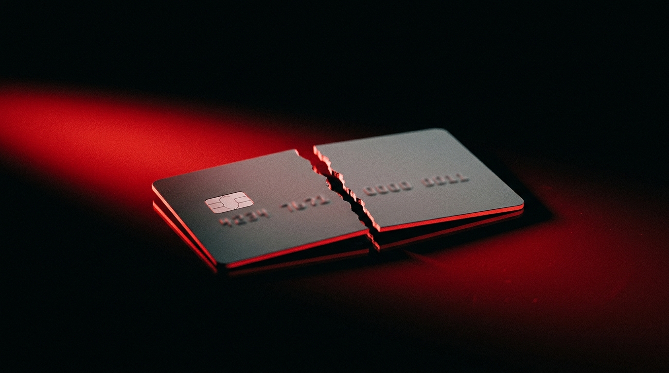 A cracked payment card on black lit by harsh red light, symbolizing a banned Stripe account