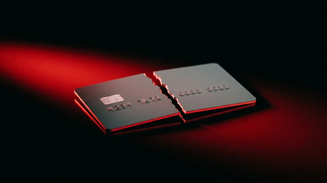 A cracked payment card on black lit by harsh red light, symbolizing a banned Stripe account