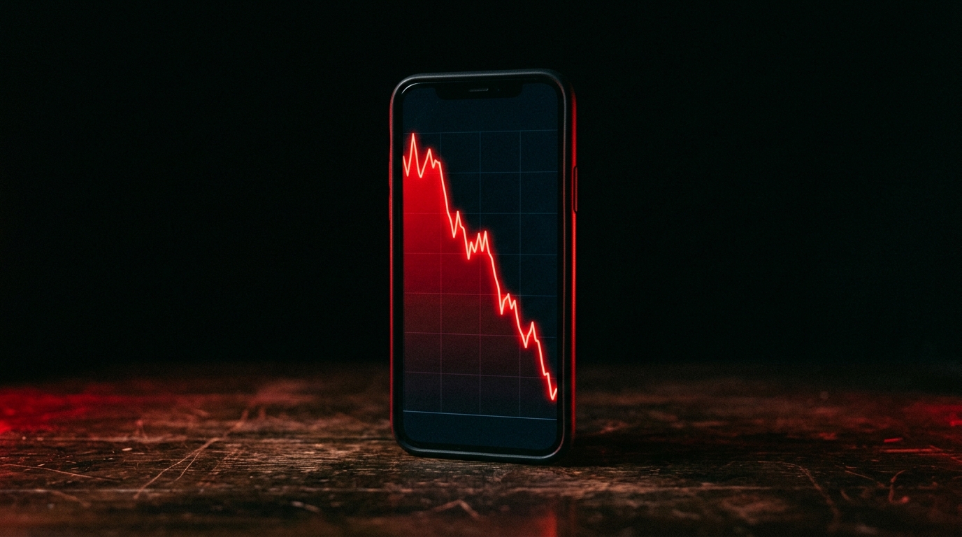 A smartphone showing a falling analytics curve glowing red in a dark room