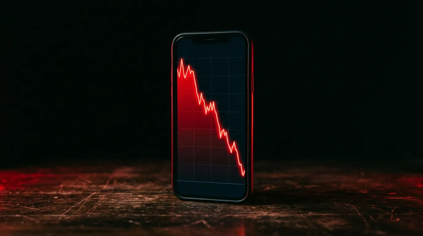 A smartphone showing a falling analytics curve glowing red in a dark room