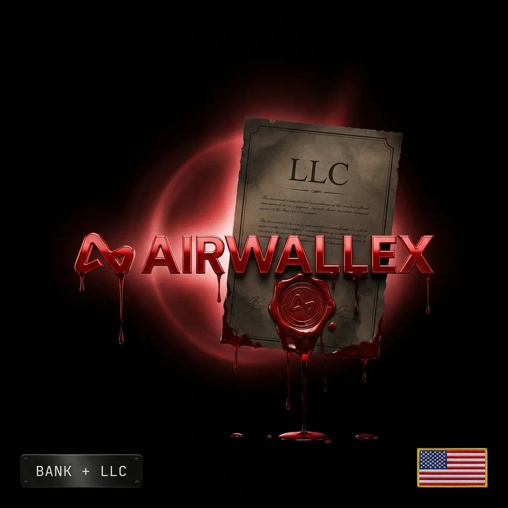 Airwallex business account with LLC: a blood-red Airwallex wordmark and LLC document with a US flag badge, in the Cartiology dark aesthetic