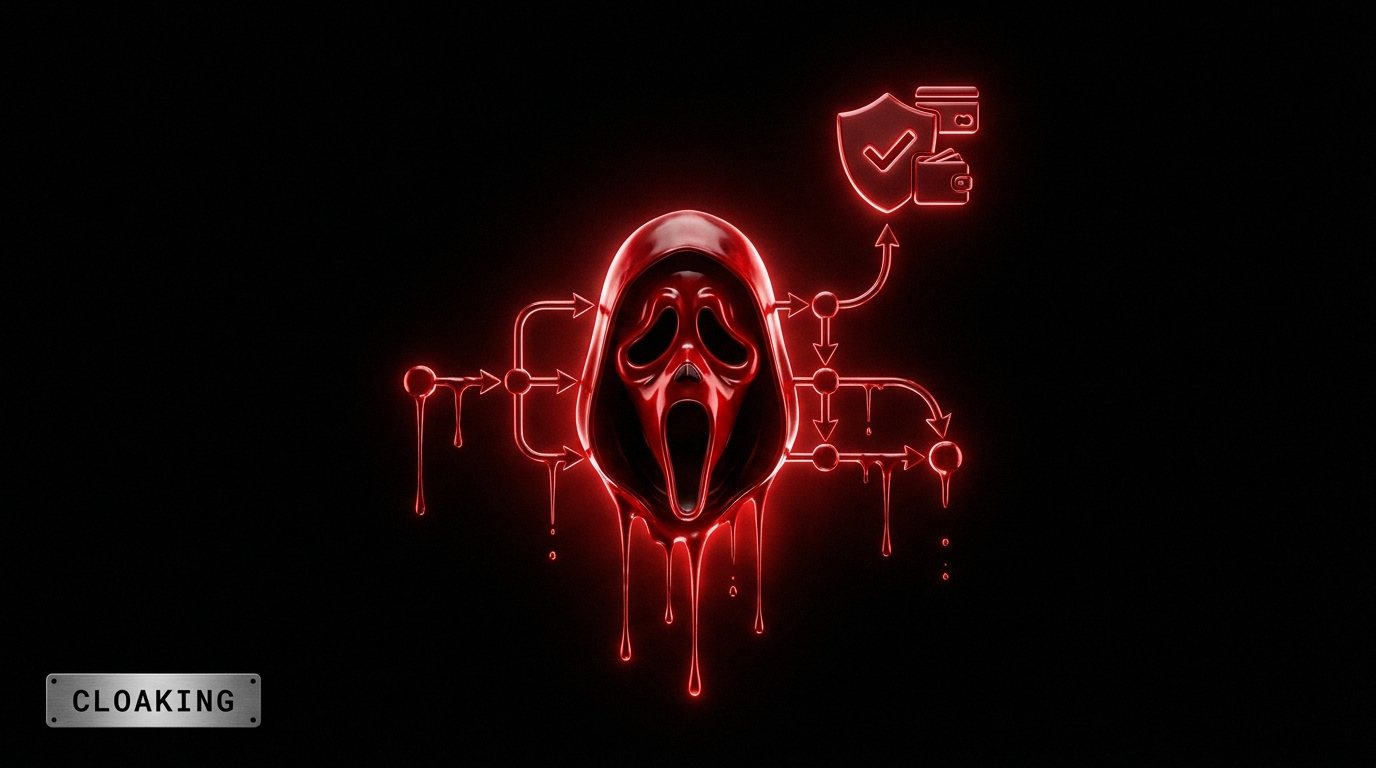 Cloaking solution: a blood-red hooded mask fused with a traffic routing diagram leading to a payment shield, in the Cartiology dark aesthetic