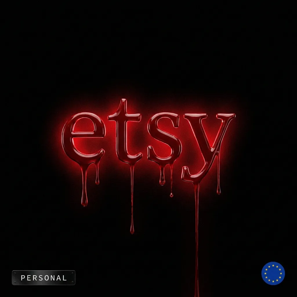 Etsy personal EU account with bank: a blood-red dripping Etsy wordmark with an EU flag badge, in the Cartiology dark aesthetic