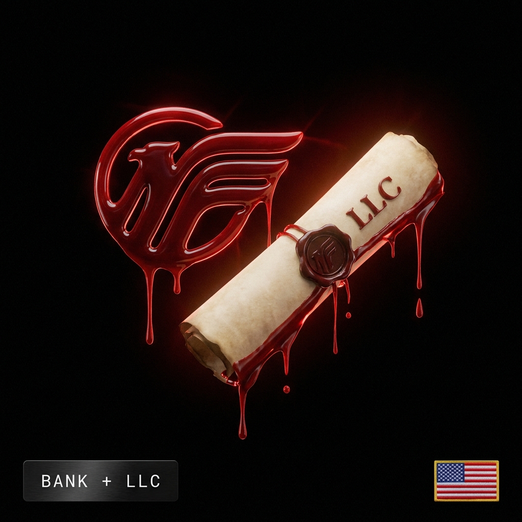 Mercury business bank with LLC: a blood-red Mercury wordmark and LLC document with a US flag badge, in the Cartiology dark aesthetic