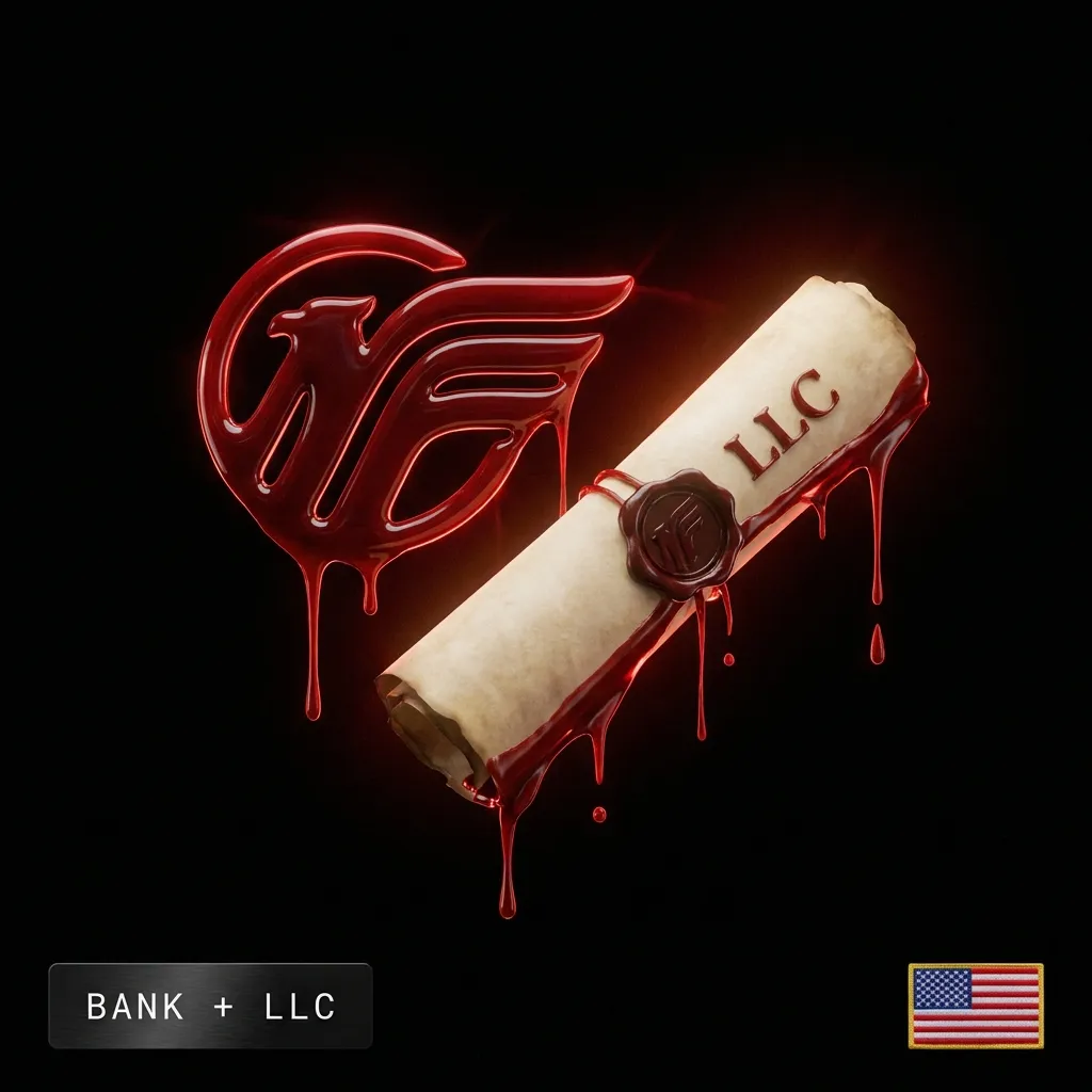 Mercury business bank with LLC: a blood-red Mercury wordmark and LLC document with a US flag badge, in the Cartiology dark aesthetic