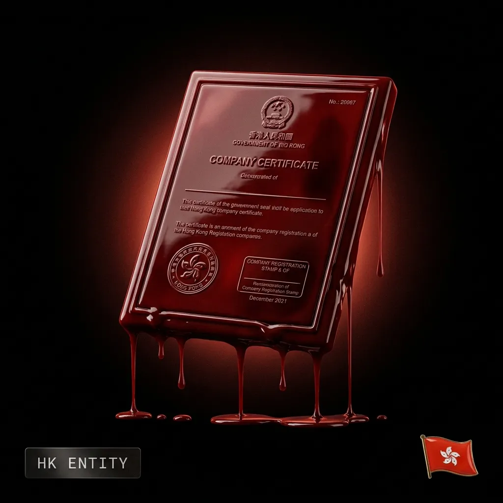 Nominee Hong Kong entity setup: a blood-red embossed Hong Kong company certificate with a chop seal and a Hong Kong flag badge, in the Cartiology dark aesthetic