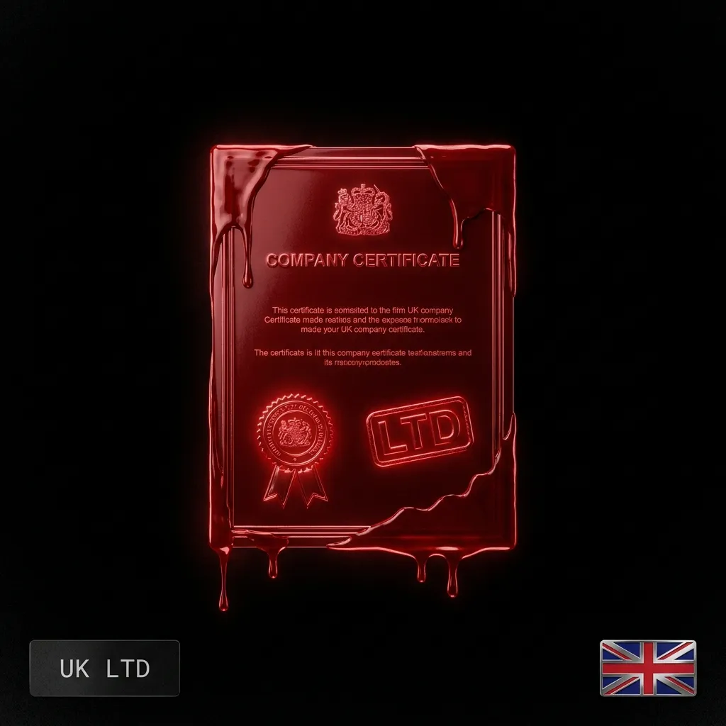 Nominee UK LTD setup: a blood-red embossed UK company certificate with a seal and a Union Jack flag badge, in the Cartiology dark aesthetic