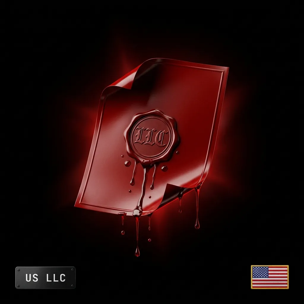 Nominee US LLC setup: a blood-red embossed LLC certificate with a wax seal and a United States flag badge, in the Cartiology dark aesthetic
