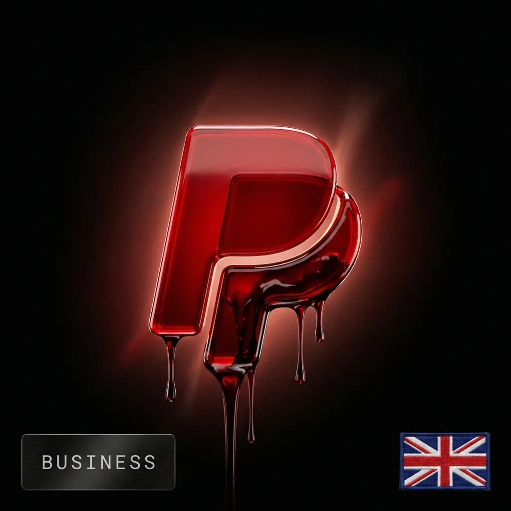 PayPal business account: a blood-red dripping PayPal logo with a Union Jack flag badge, in the Cartiology dark aesthetic