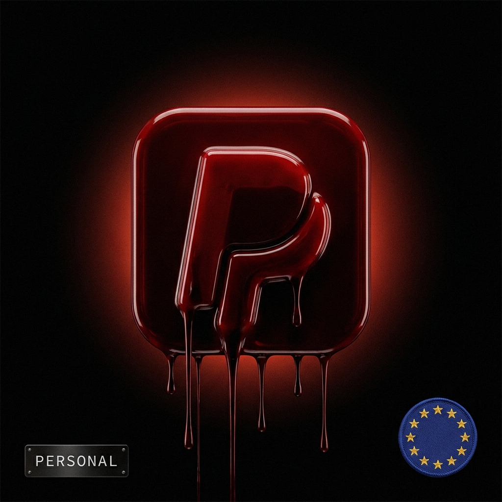 PayPal personal account: a blood-red dripping PayPal logo with an EU flag badge, in the Cartiology dark aesthetic