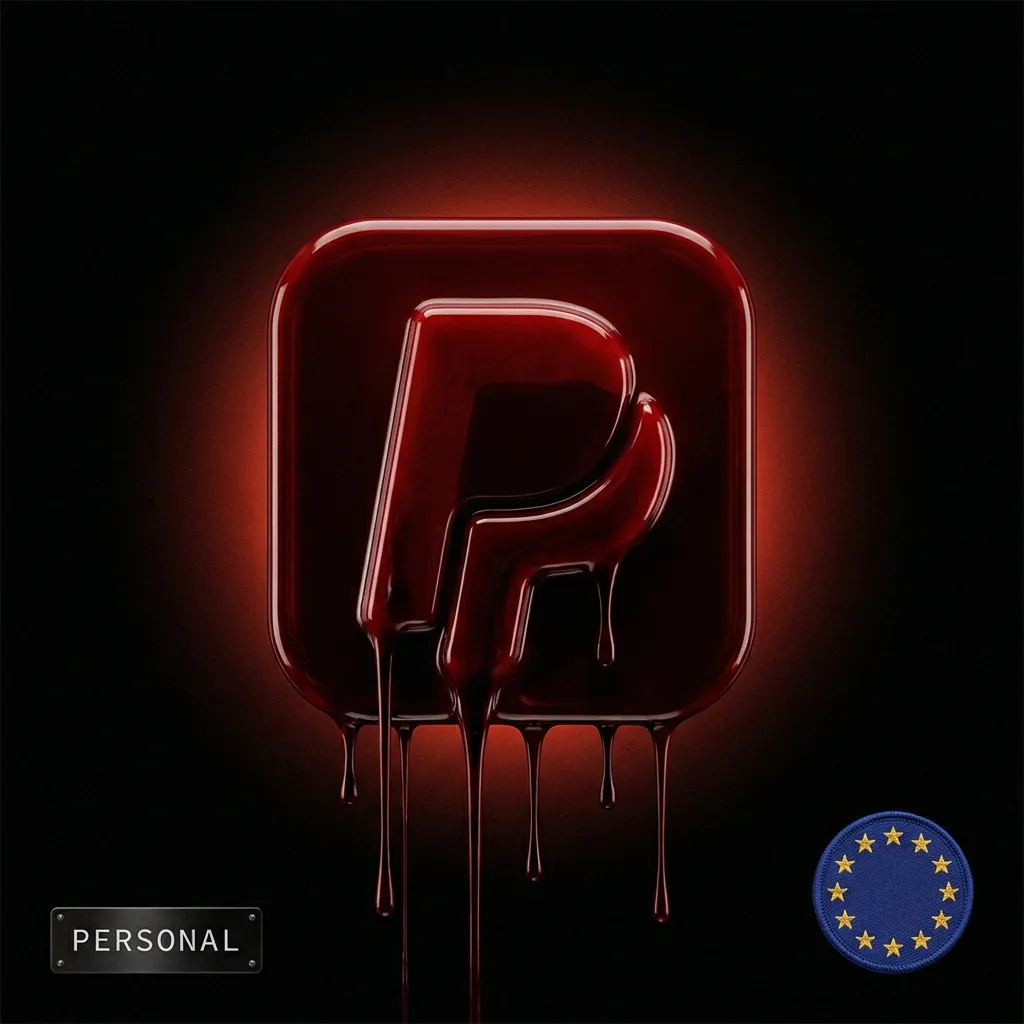PayPal personal account: a blood-red dripping PayPal logo with an EU flag badge, in the Cartiology dark aesthetic