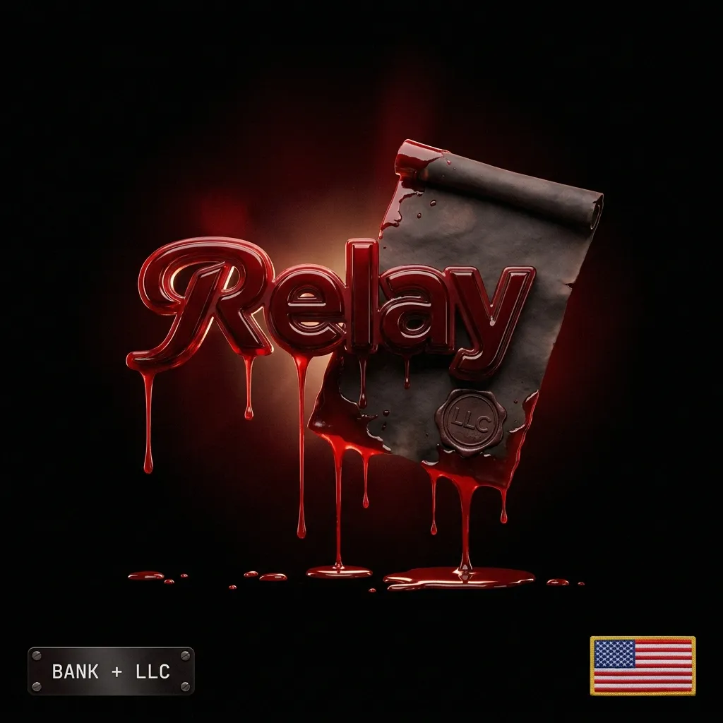 Relay business bank with LLC: a blood-red Relay wordmark and LLC document with a US flag badge, in the Cartiology dark aesthetic