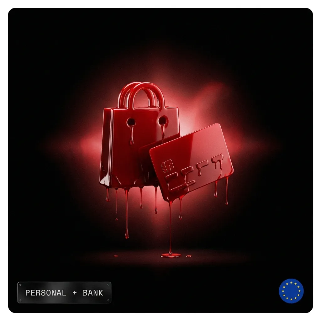 Shopify EU/UK personal account with bank: a blood-red Shopify bag and bank card with an EU flag badge, in the Cartiology dark aesthetic