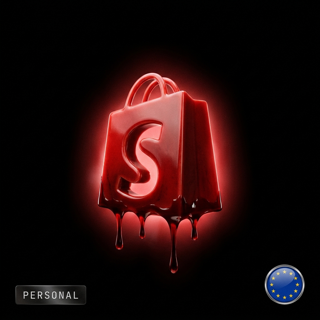 Shopify EU/UK personal account: a blood-red dripping Shopify bag logo with an EU flag badge, in the Cartiology dark aesthetic