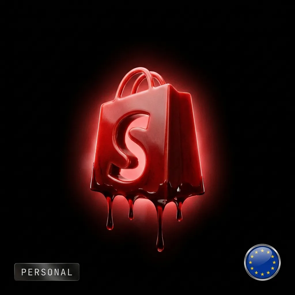 Shopify EU/UK personal account: a blood-red dripping Shopify bag logo with an EU flag badge, in the Cartiology dark aesthetic