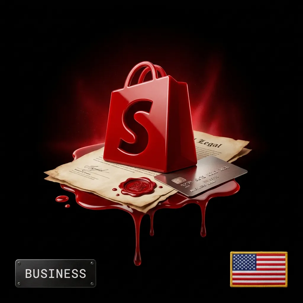 Shopify US business account with LLC and business bank: a blood-red Shopify bag on an LLC document with a bank card and US flag badge, in the Cartiology dark aesthetic