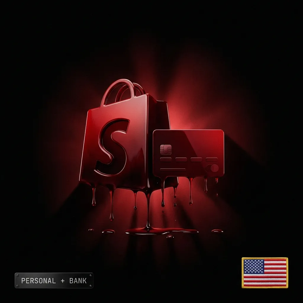 Shopify US personal account with bank: a blood-red Shopify bag and bank card with a US flag badge, in the Cartiology dark aesthetic