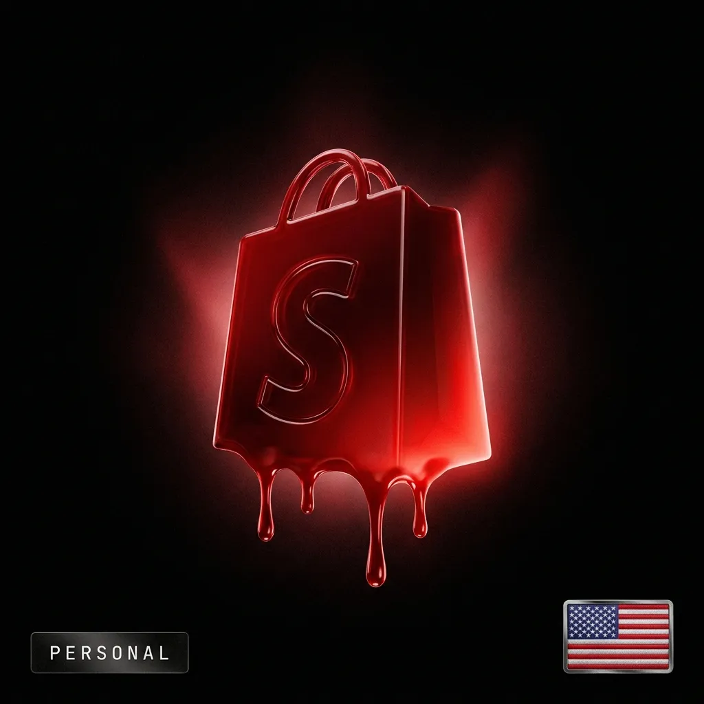 Shopify US personal account: a blood-red dripping Shopify bag logo with a US flag badge, in the Cartiology dark aesthetic