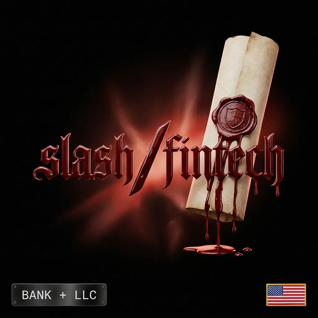 Slash business bank with LLC: a blood-red Slash wordmark and LLC document with a US flag badge, in the Cartiology dark aesthetic
