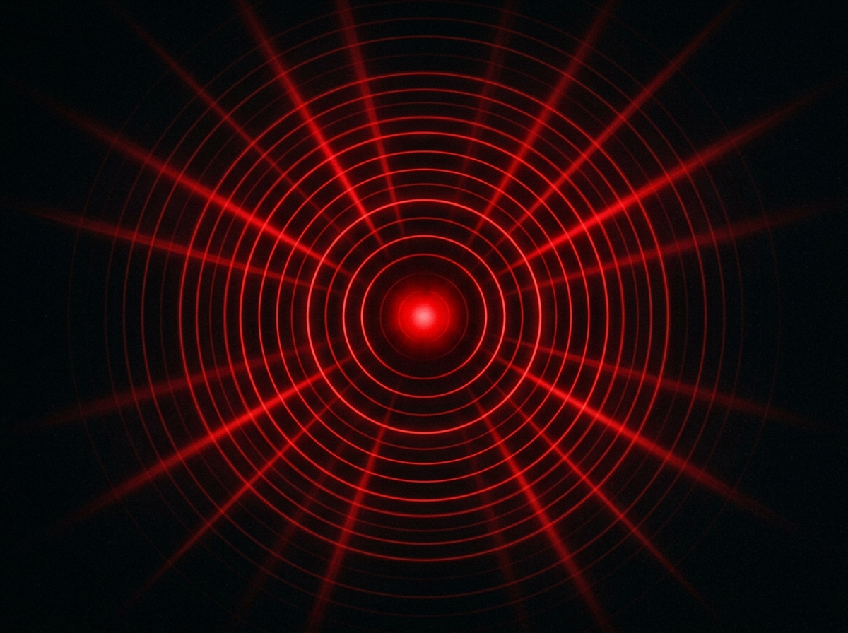 Abstract red beacon broadcasting concentric rings, representing the daily intel drop