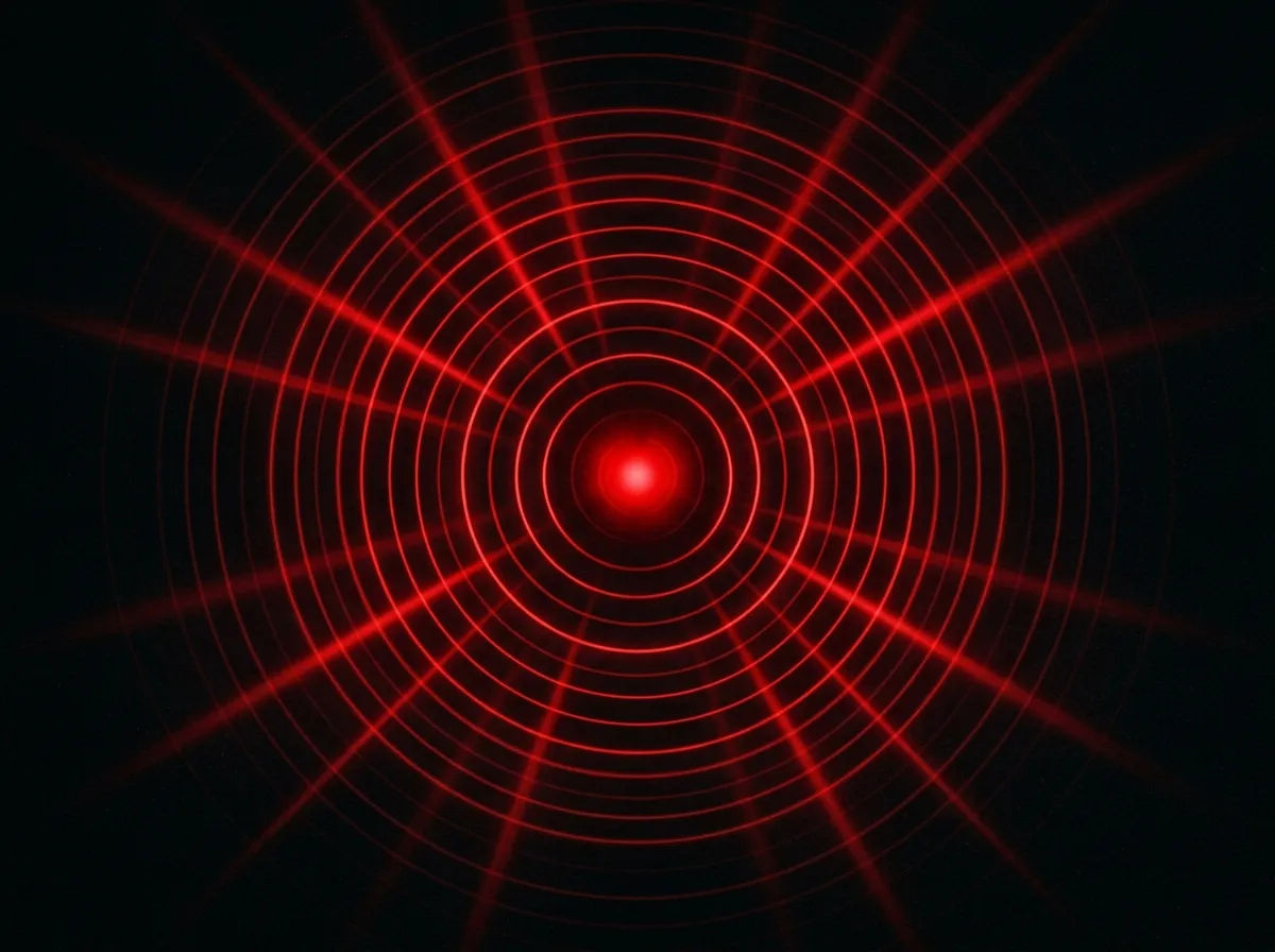 Abstract red beacon broadcasting concentric rings, representing the daily intel drop