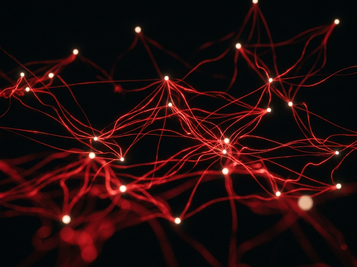 Abstract red threads linking points of light, representing members helping each other