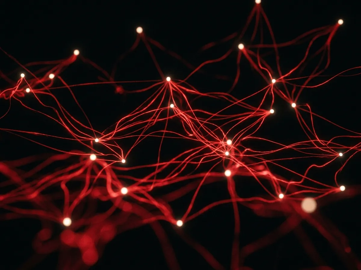Abstract red threads linking points of light, representing members helping each other
