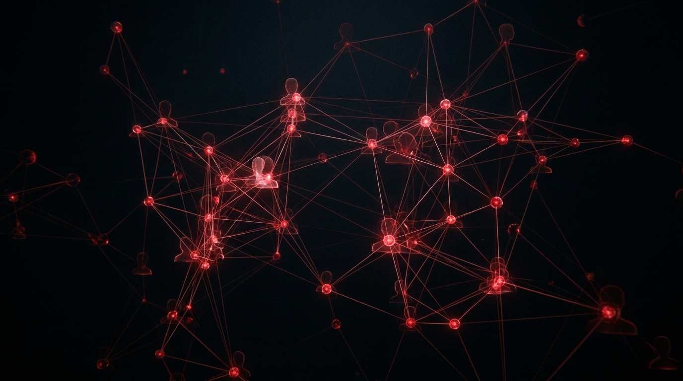Abstract glowing red network of connected nodes representing the private Cartiology community