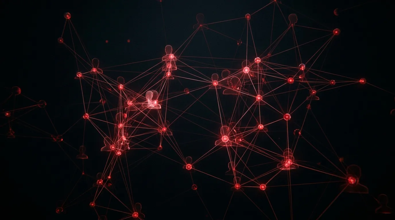 Abstract glowing red network of connected nodes representing the private Cartiology community