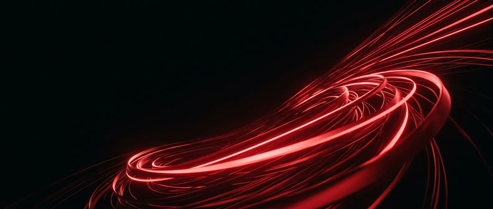 Abstract red light ribbons sweeping upward, representing member growth and momentum