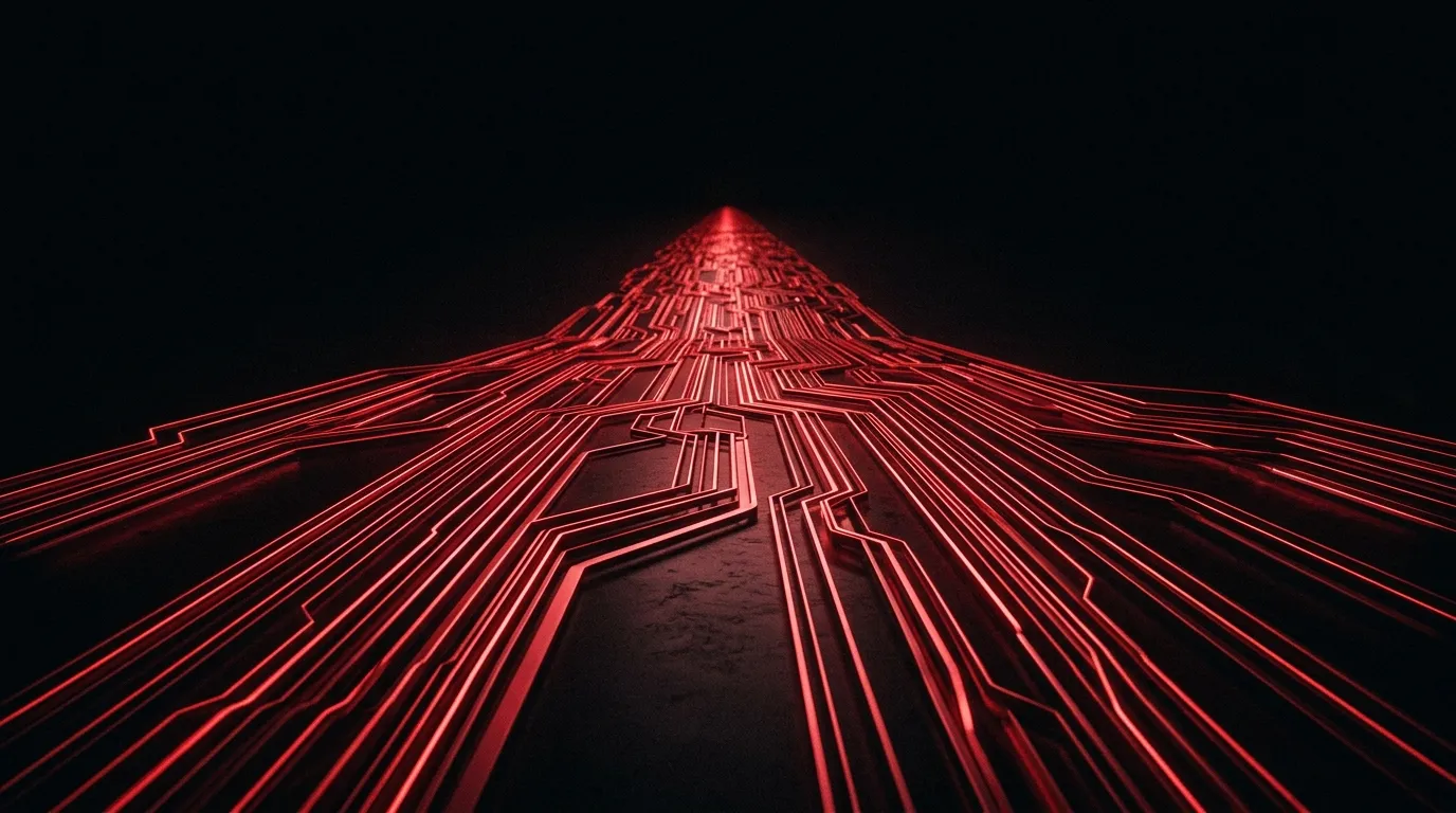 Abstract glowing red payment rails converging, representing done-for-you infrastructure