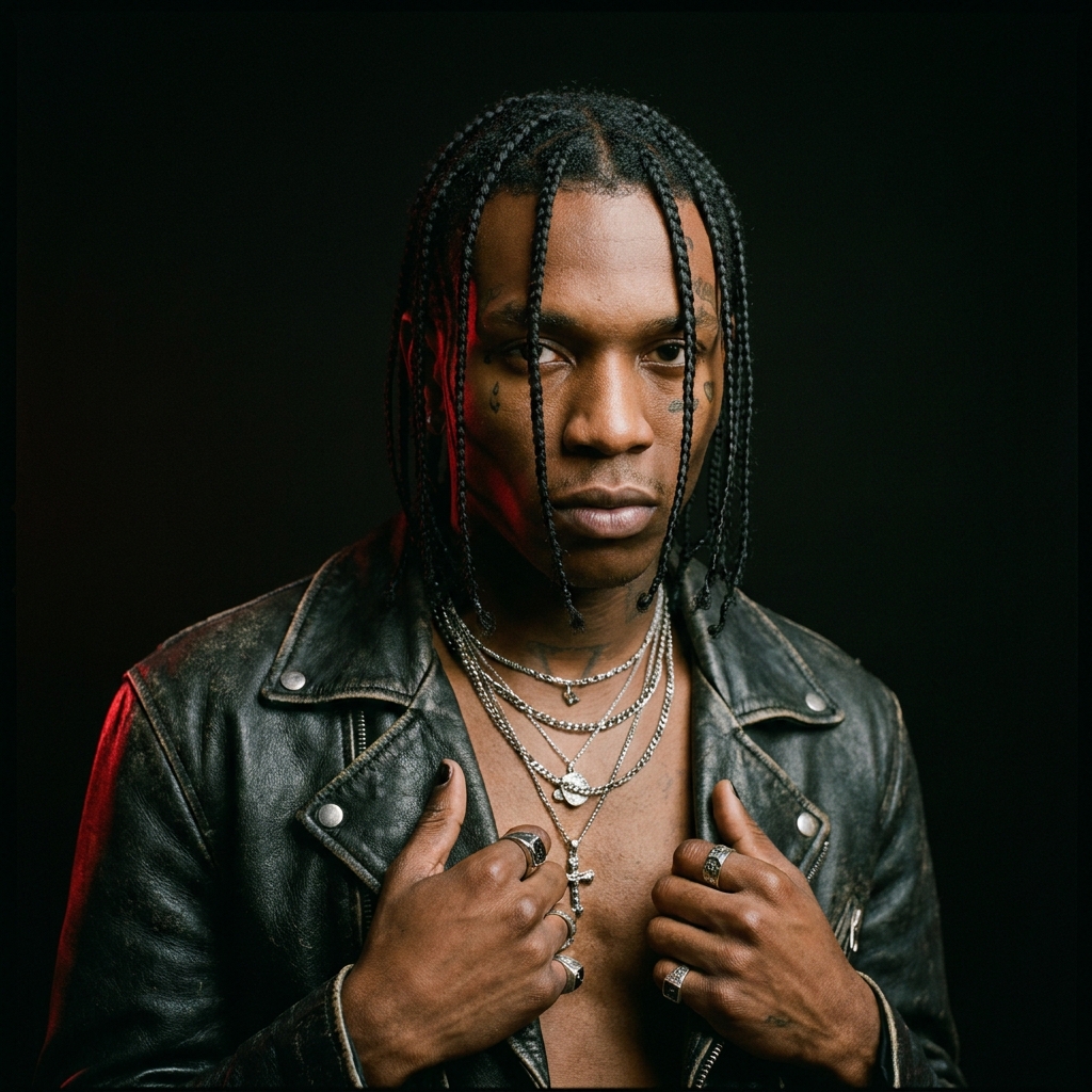 Portrait of Darius Cartier, founder, dark moody lighting with a red accent, looking direct at camera