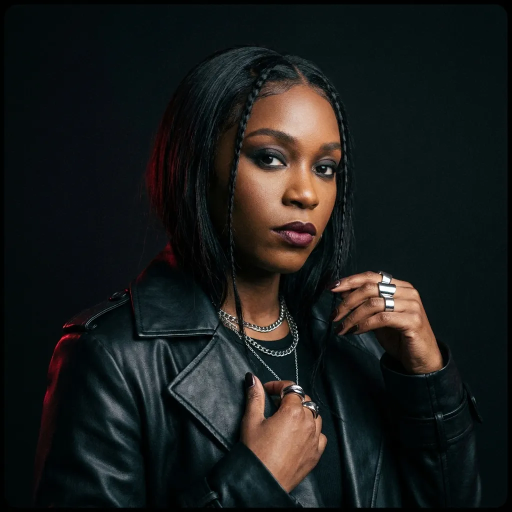 Portrait of Mira Osei, payments lead, dark studio background with subtle red rim light